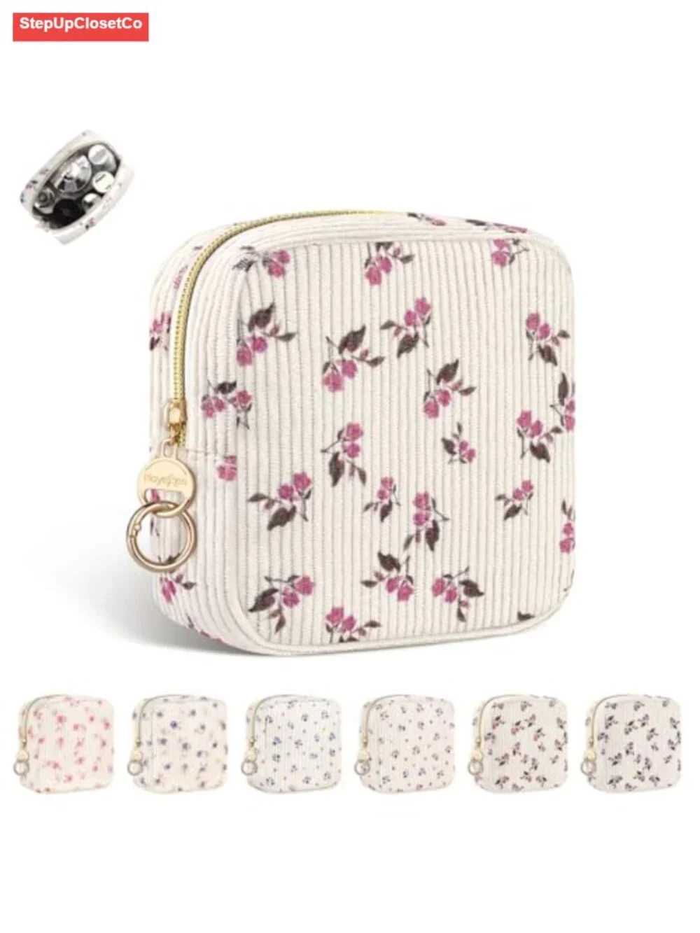 Corduroy Small Cosmetic Travel Makeup Pouch for Purse, Metal Zipper, Gift for